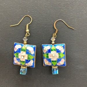 Vintage Square Dangle cloisonné earrings with Swarovski crystals
